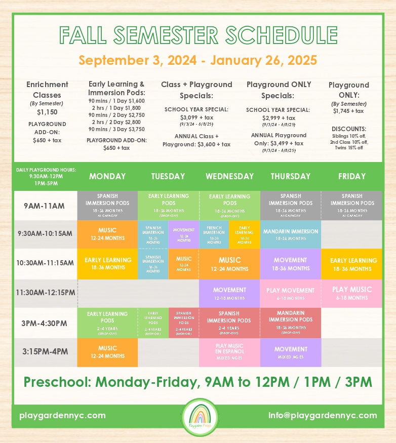 our Fall Schedule! - Playgarden NYC